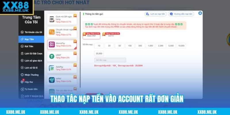 Thao tác nạp tiền vào account rất đơn giản